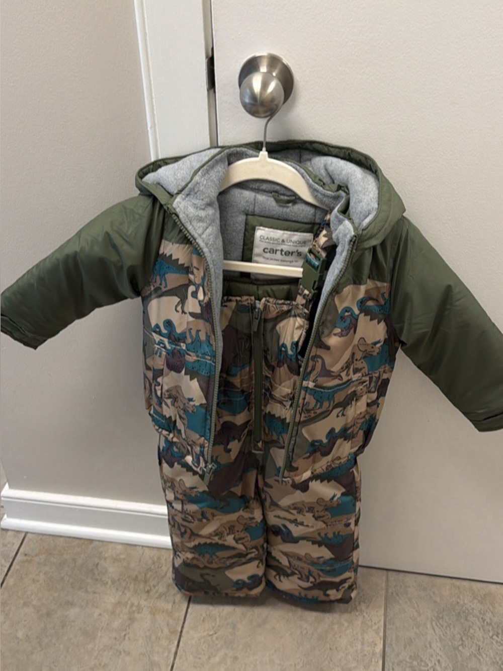 Carter's Tan and Teal Dinosaur Snowsuit Jacket